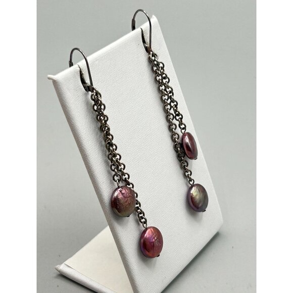 Sterling & Pearl Dangles Genuine Cultivate Lentil Pearls Purple Dyed Lever Back - Picture 5 of 6